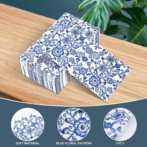 Blue Floral Guest Napkins Disposable Blue and White Hand Towels Decorative Watercolor Spring Flowers 3 Ply Paper Napkins for Bathroom Toilet Powder Room Dinner Party Supplies (100) in Kuwait