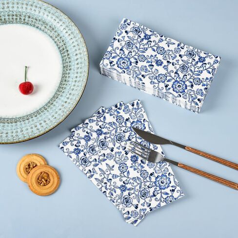 Blue Floral Guest Napkins Disposable Blue and White Hand Towels Decorative Watercolor Spring Flowers 3 Ply Paper Napkins for Bathroom Toilet Powder Room Dinner Party Supplies (100) in Kuwait