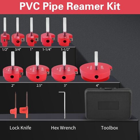 مخرطة أنابيب PVC مكونة من 9 قطع، مجموعة أدوات الأنابيب لأدوات مخرطة الأنابيب البلاستيكية القياسية 1/2 بوصة تتضمن PPR50، PPR75، PPR100، PPR125، PPR150، PPR200، PPR250، PPR300 وPPR400 (أحمر، 9 قطع) in Kuwait