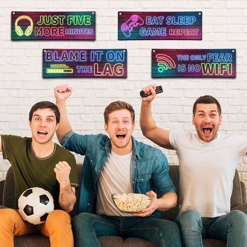 OXRUN 4 قطع ديكور ألعاب نيون لغرفة الأولاد، لوحة فنية جدارية خشبية لألعاب الفيديو، لوحات معلقة للاعبين لتزيين غرفة نوم المراهقين وغرفة اللعب - A03 in Kuwait