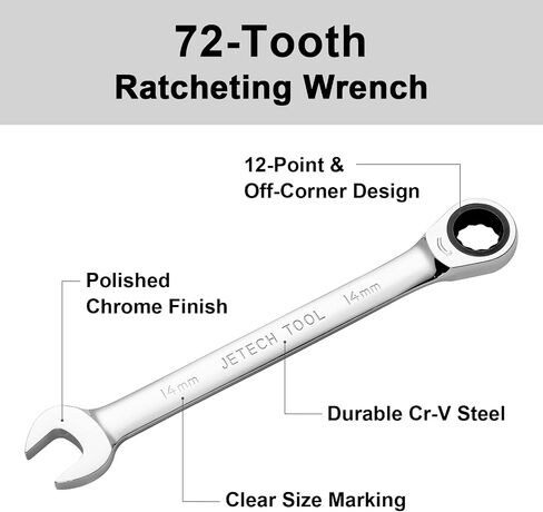 Jetech 14mm Ratcheting Combination Wrench, 12PT 72 Tooth Gear Wrench, Industrial Grade Cr-V Steel Gear Spanner for Household Garage Auto in Saudi Arabia