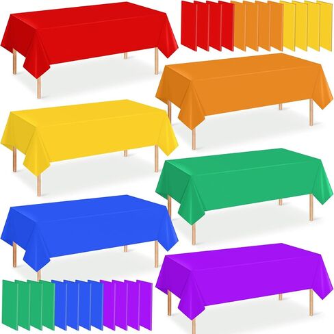 12 Pack 6 Color Rainbow Theme Tablecloth Assorted Color Plastic Tablecloth Disposable Colorful Rectangle Table Covers for Fiesta Wedding Birthday Picnic Graduation Party Decorations, 54 x 108 Inch in Kuwait