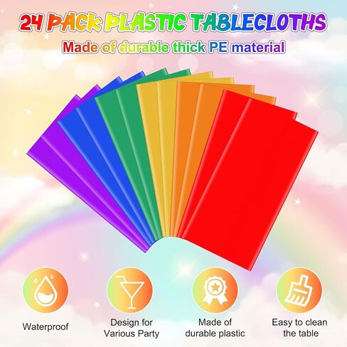 12 Pack 6 Color Rainbow Theme Tablecloth Assorted Color Plastic Tablecloth Disposable Colorful Rectangle Table Covers for Fiesta Wedding Birthday Picnic Graduation Party Decorations, 54 x 108 Inch in Kuwait