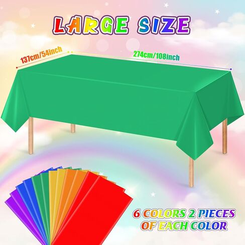 12 Pack 6 Color Rainbow Theme Tablecloth Assorted Color Plastic Tablecloth Disposable Colorful Rectangle Table Covers for Fiesta Wedding Birthday Picnic Graduation Party Decorations, 54 x 108 Inch in Kuwait
