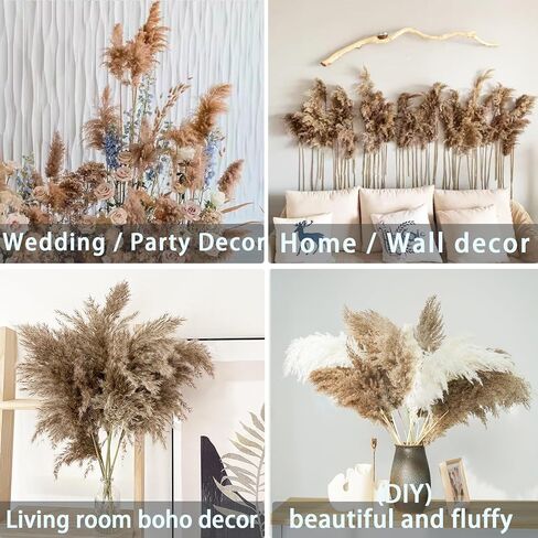 28" inch 20 Stems Large Pampas Grass Decor - Fluffy Brown & White Pampas Grass Decor Tall Pompas Grass for Floor Vase - Boho Home Decor Wedding Decor Natural Flower Bouquet in Kuwait