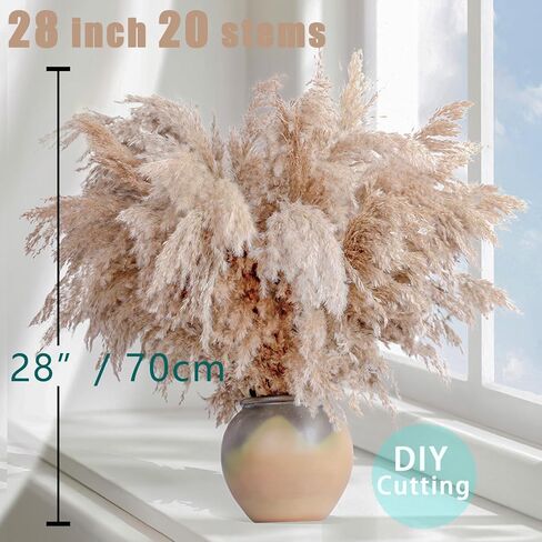 28" inch 20 Stems Large Pampas Grass Decor - Fluffy Brown & White Pampas Grass Decor Tall Pompas Grass for Floor Vase - Boho Home Decor Wedding Decor Natural Flower Bouquet in Kuwait