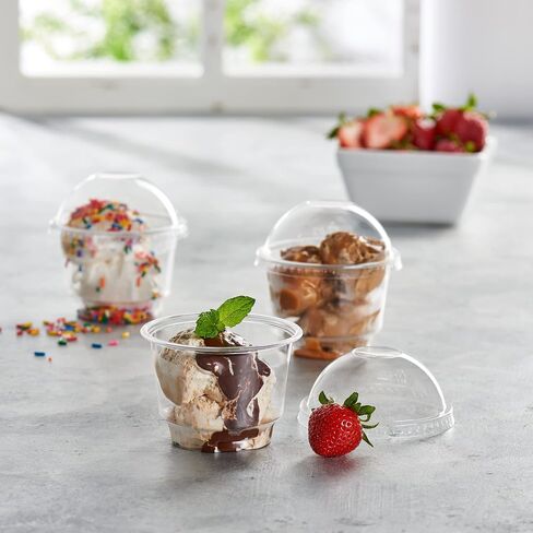 ELEGANT DISPOSABLES 5 oz Clear Plastic Dessert Cups with Dome Lids No hole - 50 Sets Disposable Snack Bowls for Ice Cream, Parfait, Jello and Individual Desserts at Party, Fruit Cup with No Leaks in Saudi Arabia