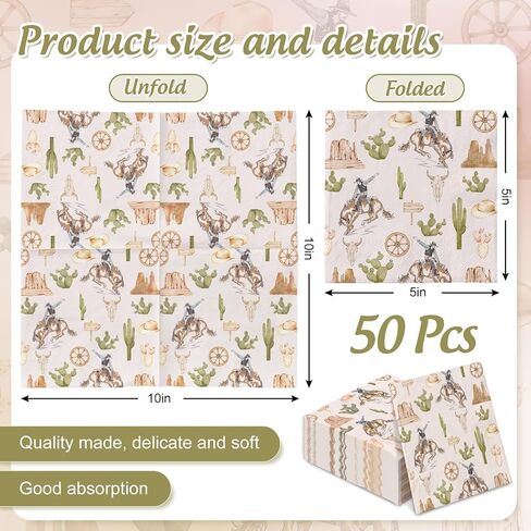 Western Cowboy Paper Napkin Wild West Rodeo Disposable Luncheon Napkins Tropical Dessert Dinner Hand Napkin for Birthday Baby Shower, 50Pcs in Saudi Arabia