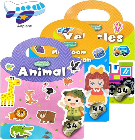 كتب ملصقات قابلة لإعادة الاستخدام للأطفال، مجموعتان من ملصقات الجيلي، كتاب هادئ للأطفال، أنشطة تعليمية لمرحلة ما قبل المدرسة للأطفال الصغار، أساسيات السفر بالطائرة للفتيات والأولاد من عمر 2-6 سنوات - المركبات والحيوانات... in Kuwait