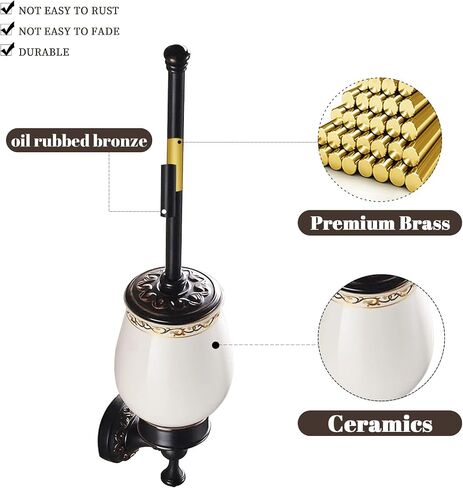 Leyden Antique Brass Toilet Brush Holder, Bathroom Retro Toilet Brush Plunge Wall Mounted Toilet Brush Organizer Dispenser Brush Holder with Ceramics Cup in Saudi Arabia
