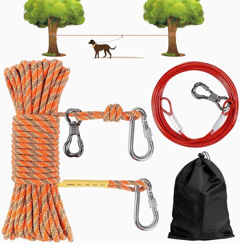 XiaZ 100FT Dog Tie Out Cable, Portable Dog Run Trolley System with 10FT Runner Lead, Reflective Dog Line for Camping, Yard, Outdoor Events for Large Medium Small Dogs up to 350lbs in Kuwait