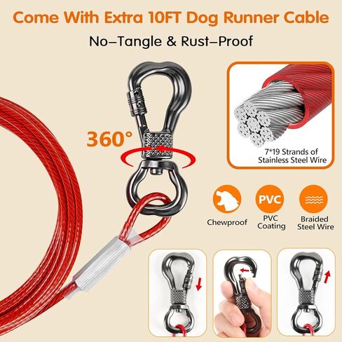 XiaZ 100FT Dog Tie Out Cable, Portable Dog Run Trolley System with 10FT Runner Lead, Reflective Dog Line for Camping, Yard, Outdoor Events for Large Medium Small Dogs up to 350lbs in Kuwait