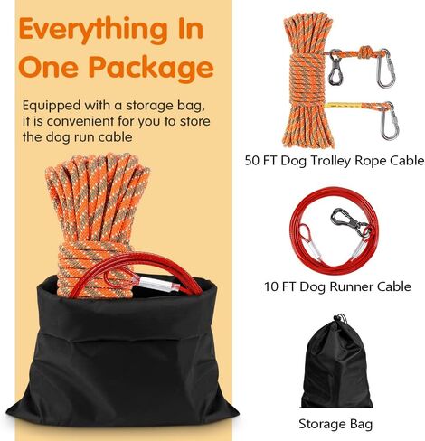 XiaZ 100FT Dog Tie Out Cable, Portable Dog Run Trolley System with 10FT Runner Lead, Reflective Dog Line for Camping, Yard, Outdoor Events for Large Medium Small Dogs up to 350lbs in Kuwait