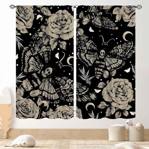 Goth Curtains for Bedroom, Spooky Moody Dead Moth Black Floral Witchy Gothic Mysterious Butterfly Skull Trippy Aesthetics Art Print Gray Window Drapery for Bedroom Living Room 2 Panels, 42"x45" Inch in Saudi Arabia