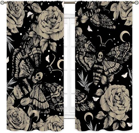 Goth Curtains for Bedroom, Spooky Moody Dead Moth Black Floral Witchy Gothic Mysterious Butterfly Skull Trippy Aesthetics Art Print Gray Window Drapery for Bedroom Living Room 2 Panels, 42"x45" Inch in Saudi Arabia