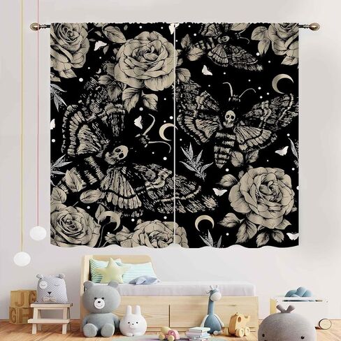 Goth Curtains for Bedroom, Spooky Moody Dead Moth Black Floral Witchy Gothic Mysterious Butterfly Skull Trippy Aesthetics Art Print Gray Window Drapery for Bedroom Living Room 2 Panels, 42"x45" Inch in Saudi Arabia