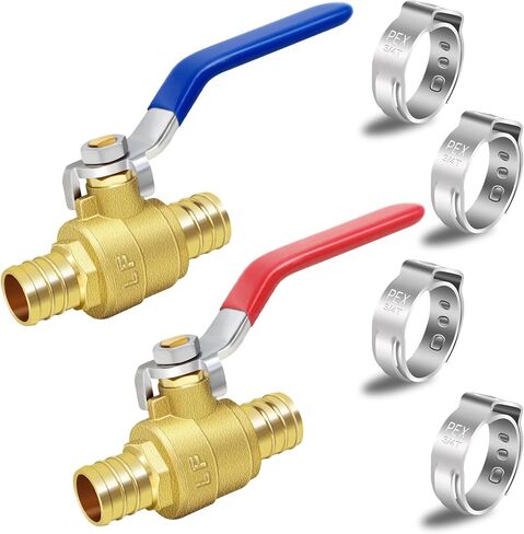 3/4 Pex Ball Valve, 2 Pack 3/4'' Pex Valves with Clamps, Brass Full Port 3/4inch Pex Shut Off Valves, 3/4'' Shut Off Valve, for Hot (Red) Cold (Blue) Water Pex Pipe, with CUPC Certified (ASTM F1807) in Saudi Arabia