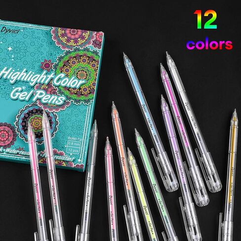 أقلام تلوين تسليط الضوء من Dyvicl، أقلام حبر هلامية ذات نقاط دقيقة مقاس 0.8 مم لرسم الورق الأسود، والرسم، والتوضيح، وتلوين البالغين، واليوميات، مجموعة من 12 قطعة in Kuwait
