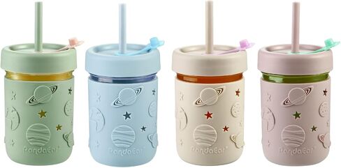 PandaEar 4 Pack Kids & Toddler Glass Cups, Glass Mason Jar Cups 8.45 oz with Silicone Sleeves & Straws, Toddler Spill-Proof Smoothie Cups in Saudi Arabia