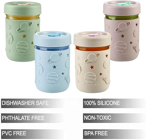 PandaEar 4 Pack Kids & Toddler Glass Cups, Glass Mason Jar Cups 8.45 oz with Silicone Sleeves & Straws, Toddler Spill-Proof Smoothie Cups in Saudi Arabia