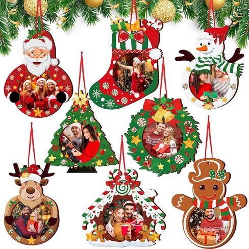 Yalikop 16 Pcs Christmas Photo Frame Ornaments Wooden Christmas Picture Frame Christmas Tree Decoration DIY Xmas Photo Frame Keepsakes for Xmas Party Decorations Winter Holiday Gifts (Light Ball) in Kuwait