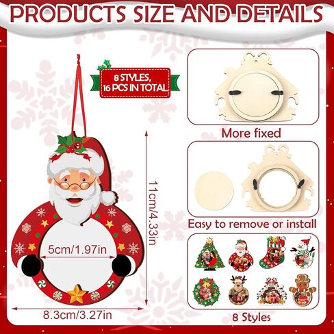 Yalikop 16 Pcs Christmas Photo Frame Ornaments Wooden Christmas Picture Frame Christmas Tree Decoration DIY Xmas Photo Frame Keepsakes for Xmas Party Decorations Winter Holiday Gifts (Light Ball) in Kuwait