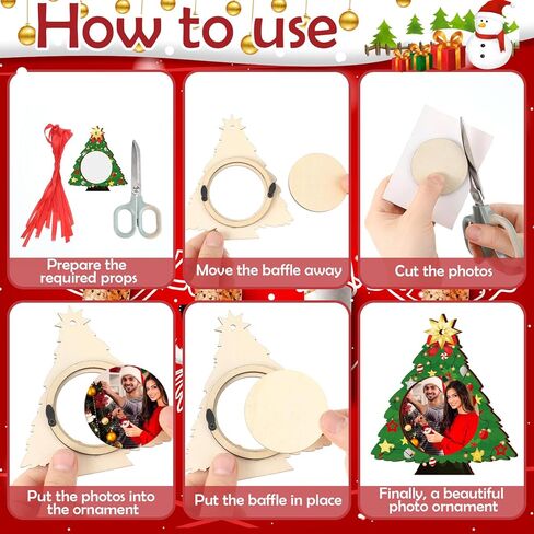 Yalikop 16 Pcs Christmas Photo Frame Ornaments Wooden Christmas Picture Frame Christmas Tree Decoration DIY Xmas Photo Frame Keepsakes for Xmas Party Decorations Winter Holiday Gifts (Light Ball) in Kuwait