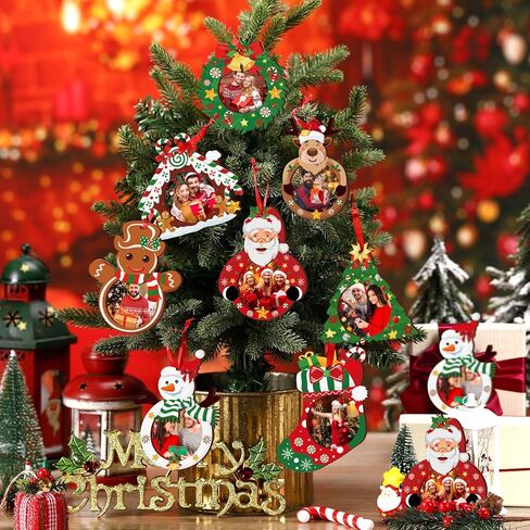 Yalikop 16 Pcs Christmas Photo Frame Ornaments Wooden Christmas Picture Frame Christmas Tree Decoration DIY Xmas Photo Frame Keepsakes for Xmas Party Decorations Winter Holiday Gifts (Light Ball) in Kuwait