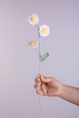 3PCS Handmade Finished Crochet Daisy Bouquet with Ceramic Vase Ornaments (White) in Saudi Arabia