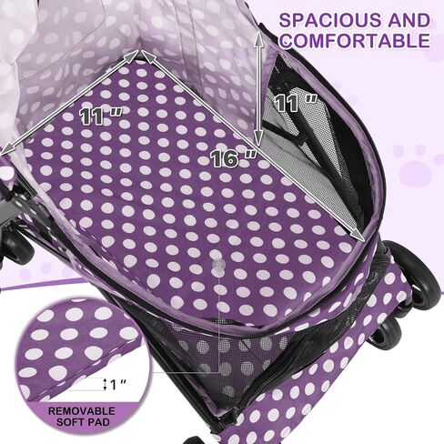 MoNiBloom 4 Wheels Pet Stroller, Easy-Fold Puppy Cage Jogger Stroller with Sun Cover, Pad and Rear Storage Bag, Breathable and Visible Mesh for Small/Medium Pets up to 22 lbs, Balck in Saudi Arabia