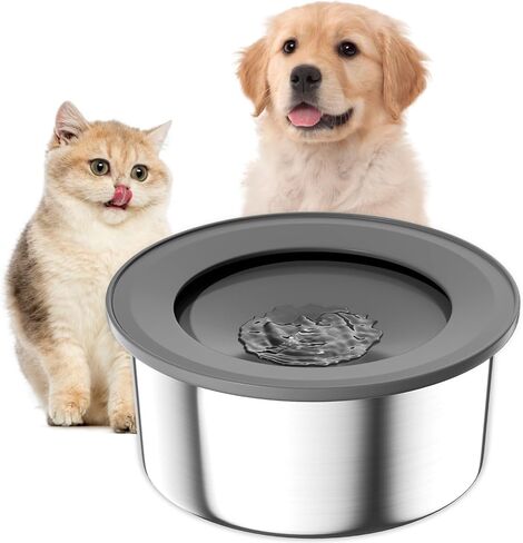 Omobolanle 2L Large Capacity Dog Water Bowl, No Spill Water Bowl for Dogs, Slow Water Feeder Stainless Dog Bowl No-Slip Pet Water Dispenser for Dogs, Cats, Pets Grey in Kuwait