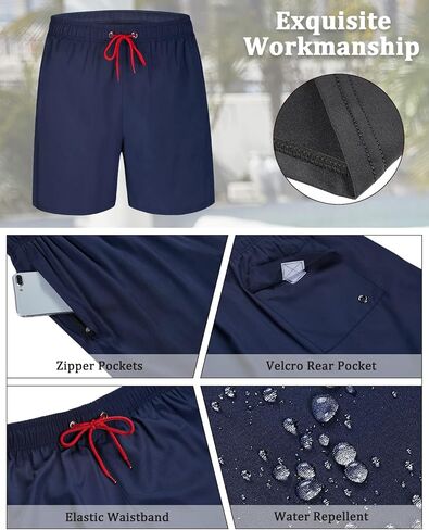 شورت سباحة رجالي من SILKWORLD مع بطانة ضغط 2 في 1 شورت سباحة سريع الجفاف مع جيوب بسحاب باللون الأزرق الداكن in Kuwait