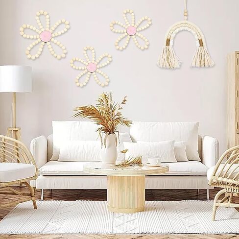 FPGIYXK Boho جدار الفن الديكور، 4 حزمة ديزي قوس قزح الحضانة الجدار شنقا الديكور الخشبي الطبيعي، زهرة البوهيمية ديكور المنزل لغرفة النوم غرفة المعيشة مكتب in Saudi Arabia