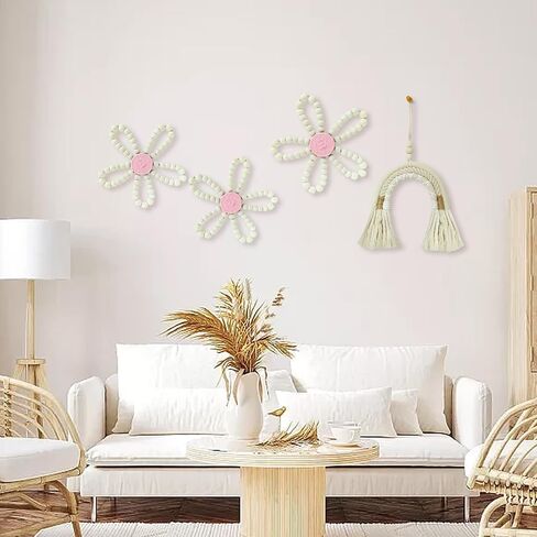 FPGIYXK Boho جدار الفن الديكور، 4 حزمة ديزي قوس قزح الحضانة الجدار شنقا الديكور الخشبي الطبيعي، زهرة البوهيمية ديكور المنزل لغرفة النوم غرفة المعيشة مكتب in Saudi Arabia