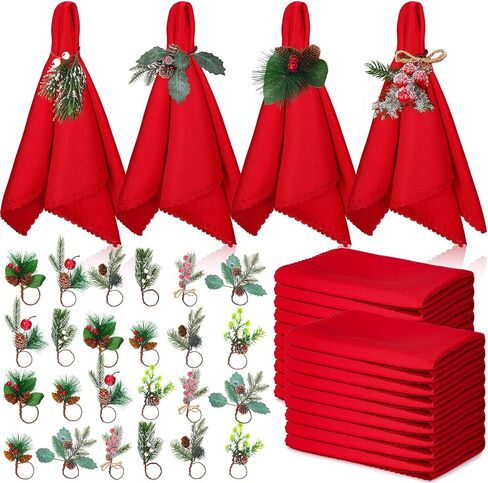 Preboun 48 Pcs Christmas Napkins and Rings Set 24 Pcs Red Napkins Cloth 24 Pcs Christmas Napkin Rings with Berry and Pine Needles for Holiday Party in Saudi Arabia