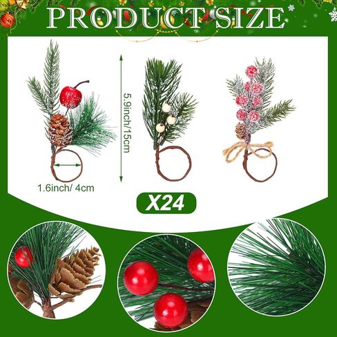 Preboun 48 Pcs Christmas Napkins and Rings Set 24 Pcs Red Napkins Cloth 24 Pcs Christmas Napkin Rings with Berry and Pine Needles for Holiday Party in Saudi Arabia