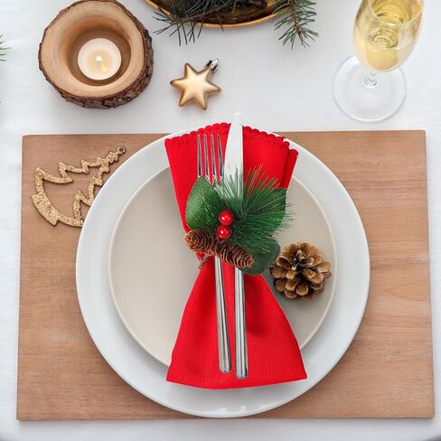 Preboun 48 Pcs Christmas Napkins and Rings Set 24 Pcs Red Napkins Cloth 24 Pcs Christmas Napkin Rings with Berry and Pine Needles for Holiday Party in Saudi Arabia