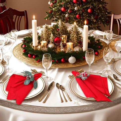 Preboun 48 Pcs Christmas Napkins and Rings Set 24 Pcs Red Napkins Cloth 24 Pcs Christmas Napkin Rings with Berry and Pine Needles for Holiday Party in Saudi Arabia