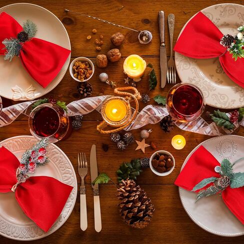 Preboun 48 Pcs Christmas Napkins and Rings Set 24 Pcs Red Napkins Cloth 24 Pcs Christmas Napkin Rings with Berry and Pine Needles for Holiday Party in Saudi Arabia
