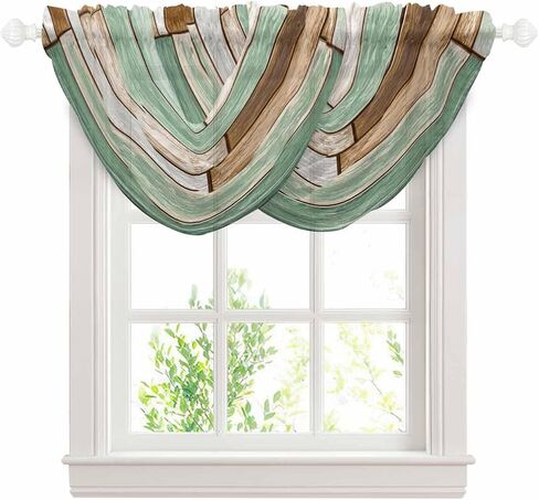 Sage Green Brown Farmhouse Sheer Waterfall Valance Curtains for Window, Vintage Rustic Wooden Texture Rod Pocket Sheer Topper Swag Curtains for Living Room, Kitchen 38.5"W x 47.2"L, 3 Panels in Saudi Arabia