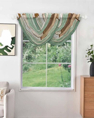 Sage Green Brown Farmhouse Sheer Waterfall Valance Curtains for Window, Vintage Rustic Wooden Texture Rod Pocket Sheer Topper Swag Curtains for Living Room, Kitchen 38.5"W x 47.2"L, 3 Panels in Saudi Arabia