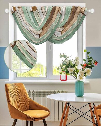 Sage Green Brown Farmhouse Sheer Waterfall Valance Curtains for Window, Vintage Rustic Wooden Texture Rod Pocket Sheer Topper Swag Curtains for Living Room, Kitchen 38.5"W x 47.2"L, 3 Panels in Saudi Arabia