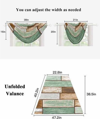 Sage Green Brown Farmhouse Sheer Waterfall Valance Curtains for Window, Vintage Rustic Wooden Texture Rod Pocket Sheer Topper Swag Curtains for Living Room, Kitchen 38.5"W x 47.2"L, 3 Panels in Saudi Arabia