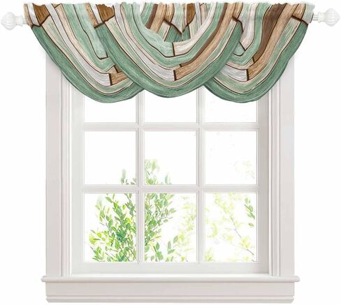 Sage Green Brown Farmhouse Sheer Waterfall Valance Curtains for Window, Vintage Rustic Wooden Texture Rod Pocket Sheer Topper Swag Curtains for Living Room, Kitchen 38.5"W x 47.2"L, 3 Panels in Saudi Arabia