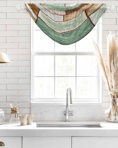 Sage Green Brown Farmhouse Sheer Waterfall Valance Curtains for Window, Vintage Rustic Wooden Texture Rod Pocket Sheer Topper Swag Curtains for Living Room, Kitchen 38.5"W x 47.2"L, 3 Panels in Saudi Arabia
