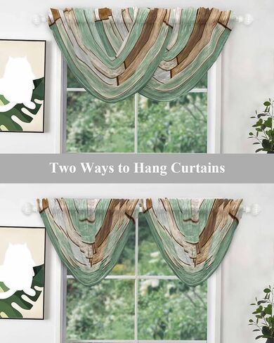 Sage Green Brown Farmhouse Sheer Waterfall Valance Curtains for Window, Vintage Rustic Wooden Texture Rod Pocket Sheer Topper Swag Curtains for Living Room, Kitchen 38.5"W x 47.2"L, 3 Panels in Saudi Arabia