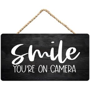Wooden Hanging Sign Smile You'Re On Camera Wall Plaque Wood Signs Home Porch Decor 12 X 6 Inches