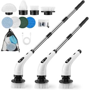 GOXAWEE Electric Spin Scrubber, Cordless Cleaning Brush with 8 Replaceable Brush Heads, Power Shower Scrubber with Long Handle for Bathroom, Tub, Tile, Floor (White)