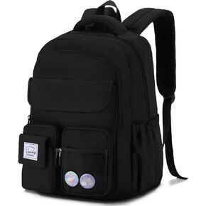VASCHY Backpack for Girls, Cute School Bag Bookbag for Elementary Middle Schooler Teen Girls/Kids Travel with Clear Pin Pouch Black