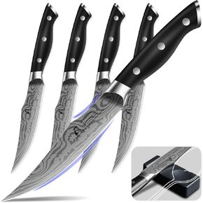 Steak Knives Set of 6, 4.8 Inch Non Serrated Razor-Sharp Durable Dinner knives with Rest, German Stainless Steel Damascus Pattern Full Tang Forged, Rust Resistant & Easy to Maintain